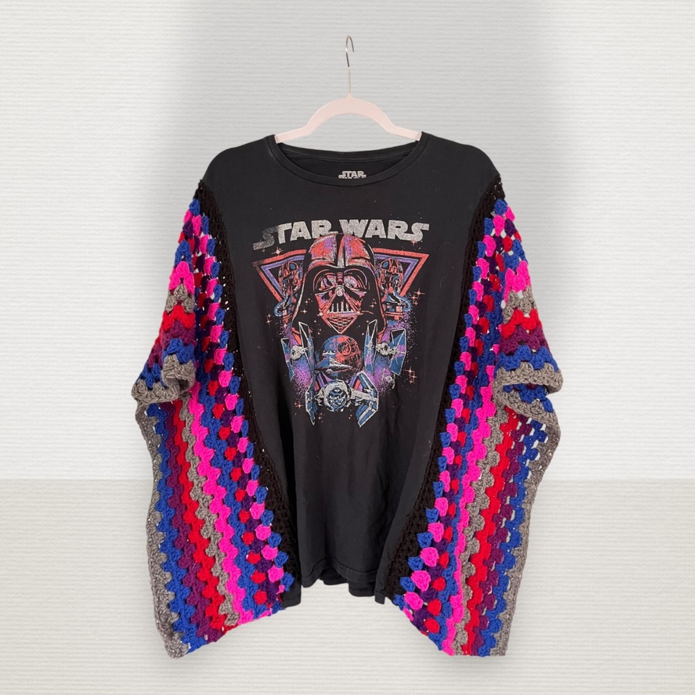 Upcycled Star Wars Graphic Tee Poncho with Colorful Crochet Sleeves